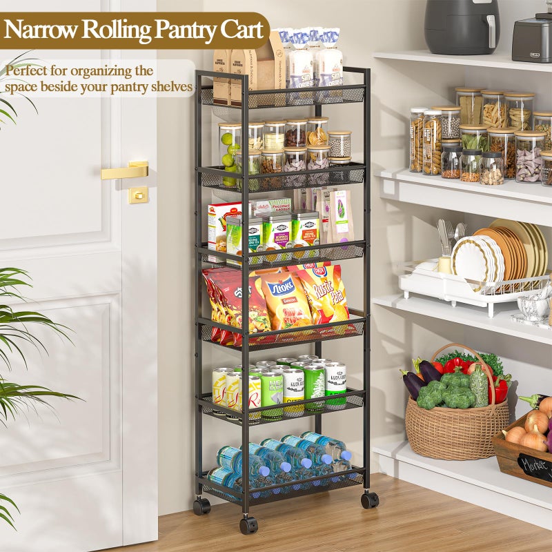 ThreeHio 6 Tier Slim Rolling Storage Cart, Narrow Mobile Shelving Unit Organizer Utility Cart with Wheels, Metal Wire Storage Rack with Baskets for Kitchen, Bathroom, Laundry & Living Room, 10in(W) Black - Image 3