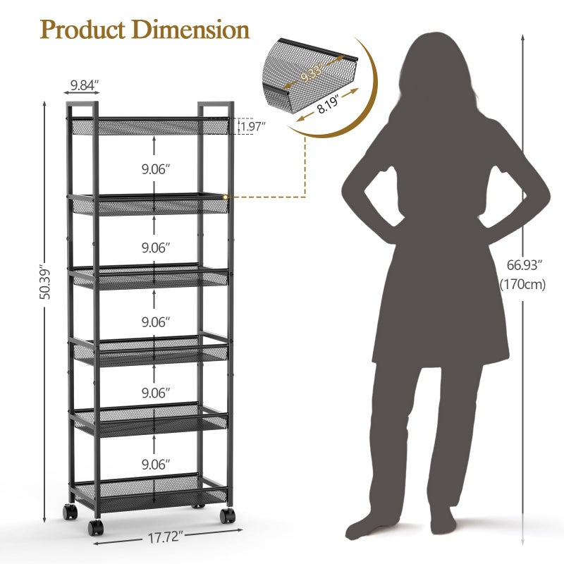 ThreeHio 6 Tier Slim Rolling Storage Cart, Narrow Mobile Shelving Unit Organizer Utility Cart with Wheels, Metal Wire Storage Rack with Baskets for Kitchen, Bathroom, Laundry & Living Room, 10in(W) Black - Image 2