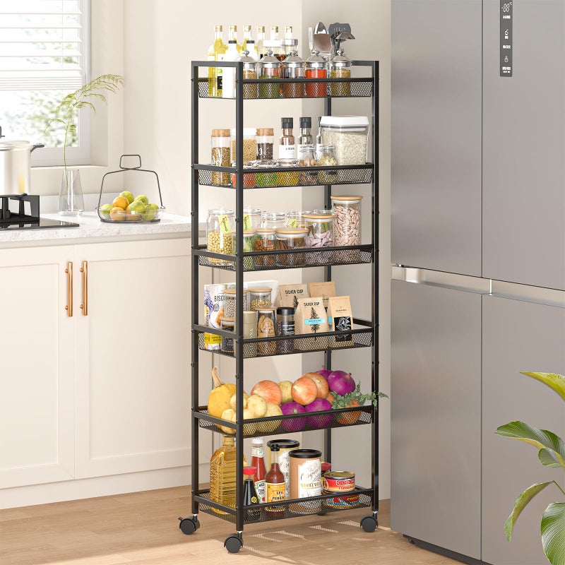 ThreeHio 6 Tier Slim Rolling Storage Cart, Narrow Mobile Shelving Unit Organizer Utility Cart with Wheels, Metal Wire Storage Rack with Baskets for Kitchen, Bathroom, Laundry & Living Room, 10in(W) Black - Image 1