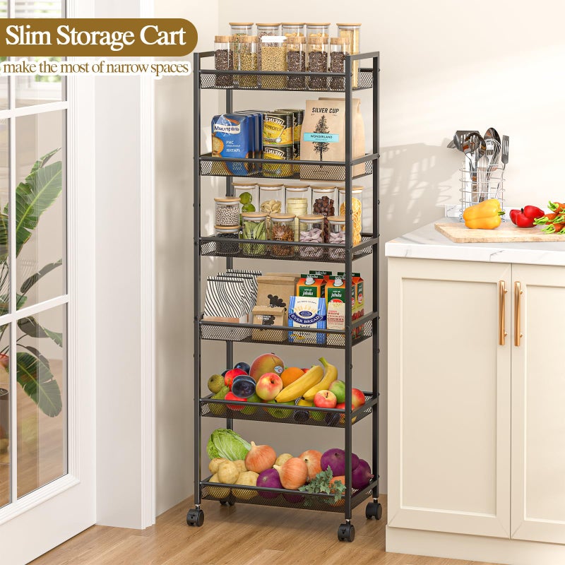 ThreeHio 6 Tier Slim Rolling Storage Cart, Narrow Mobile Shelving Unit Organizer Utility Cart with Wheels, Metal Wire Storage Rack with Baskets for Kitchen, Bathroom, Laundry & Living Room, 10in(W) Black - Image 5