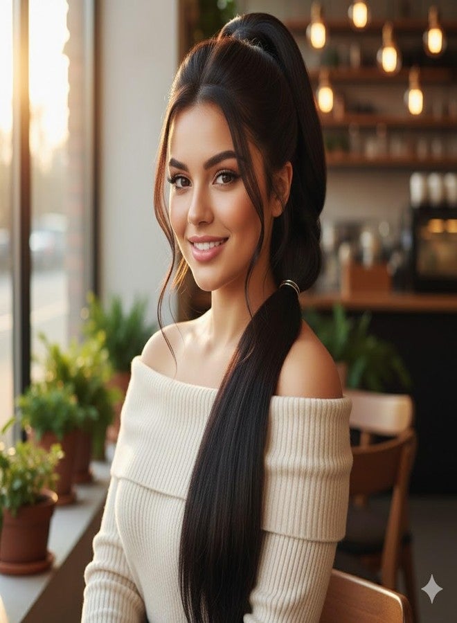 Cerrito Long Braided Ponytail Hair Extension for Women – Extra Long Straight Synthetic Braid with Elastic Tie, Natural Black, Thick & Lightweight, Easy to Wear for Daily, Pooja, Festival & Wedding Hairstyles, 1 pcs - Image 5