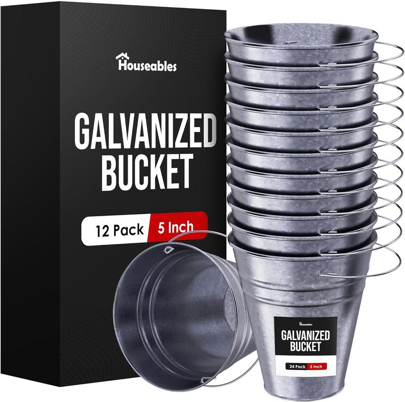 Houseables Galvanized Bucket, Small Metal Bucket, Metal Pail, Small Pail, Mini Tin Container, with Handle, Tin Cans for Crafts, Party Favor, Candy, Flower, Decorative, Silver, Little, 5 Inch, 12 Pack - Image 1