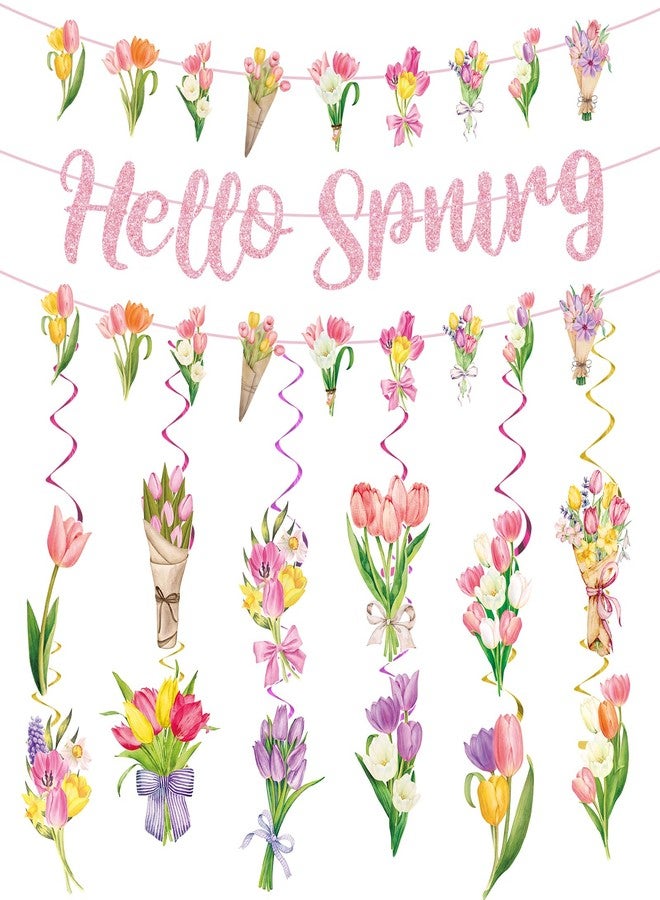 CHUNNIN Spring Party Decorations, Hello Spring Hanging Swirls Sign Watercolor Tulip Flower Party Banner for Spring Summer Easter Baby Shower Home Office Classroom Decor - Image 1