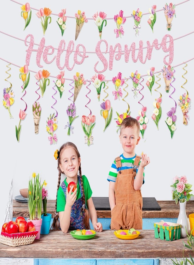 CHUNNIN Spring Party Decorations, Hello Spring Hanging Swirls Sign Watercolor Tulip Flower Party Banner for Spring Summer Easter Baby Shower Home Office Classroom Decor - Image 4