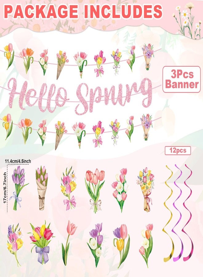 CHUNNIN Spring Party Decorations, Hello Spring Hanging Swirls Sign Watercolor Tulip Flower Party Banner for Spring Summer Easter Baby Shower Home Office Classroom Decor - Image 2