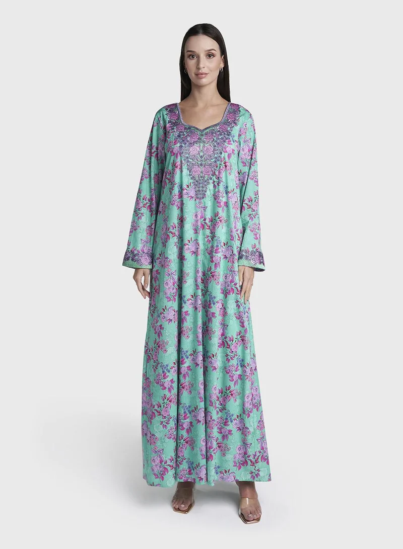 Kashkha Green Colour Stone Work Liberty Cotton Floral Printed Jalabiya (VG2889)