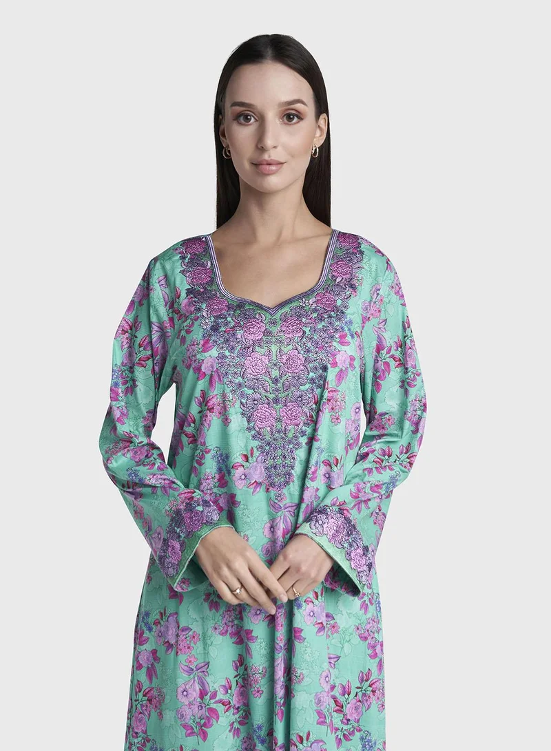 Kashkha Green Colour Stone Work Liberty Cotton Floral Printed Jalabiya (VG2889)