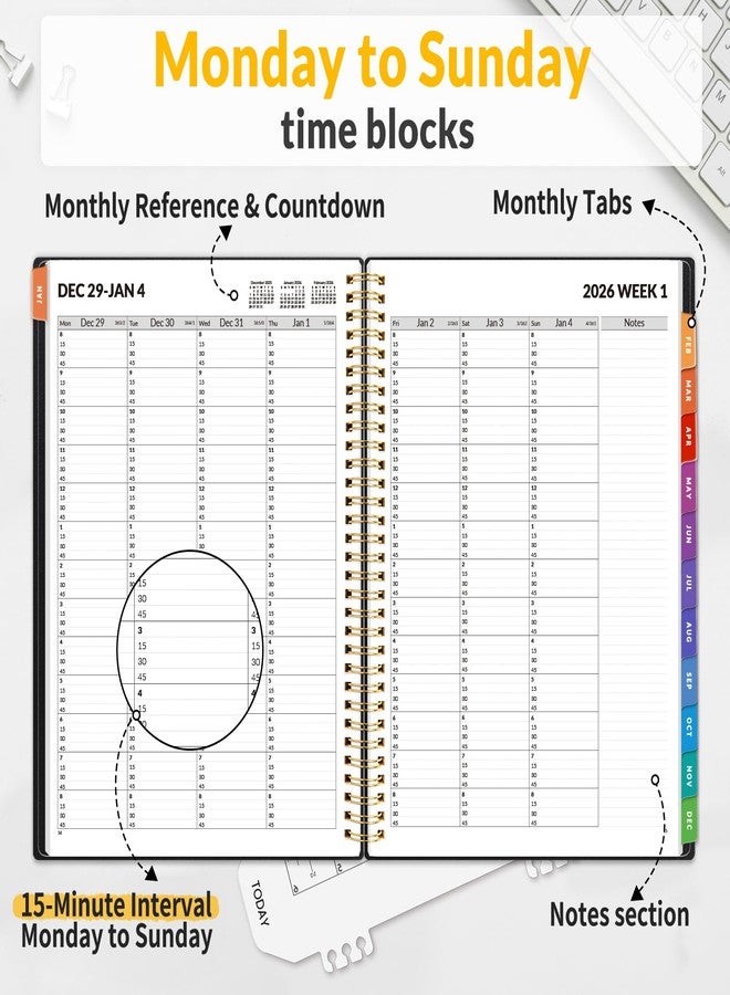ساني مخطط مواعيد SUNEE 2026، بفواصل زمنية مدتها 15 دقيقة - منظم حلزوني أسبوعي وشهري مع قسم للملاحظات - ورق سميك، غلاف مسطح - 8.5 × 11 بوصة، مناسب للمكتب والمدرسة والصالون، للرجال والنساء، أسود - Image 2