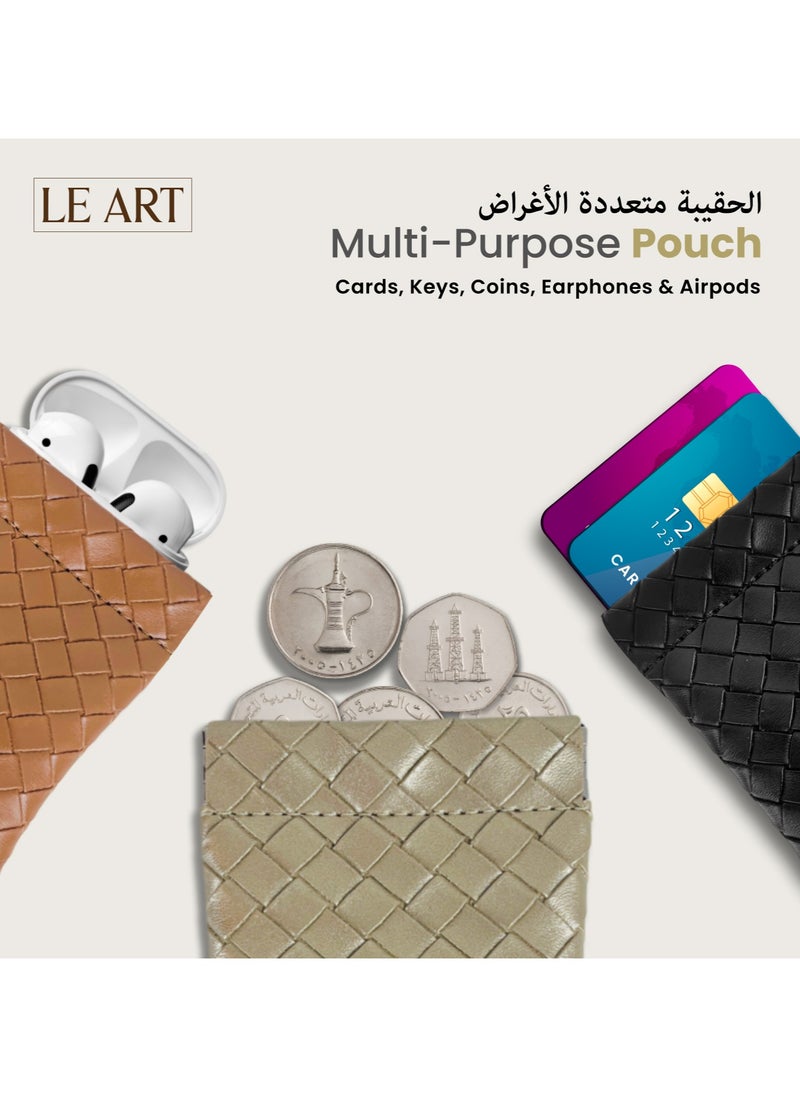 حافظة عملات جلدية للرجال والنساء | محفظة عملات | حامل عملات | لحفظ العملات، المفاتيح، سماعات الأذن، البطاقات، AirPods، المسبحة | خيار رائع للهدايا (منسوج ذهبي)
