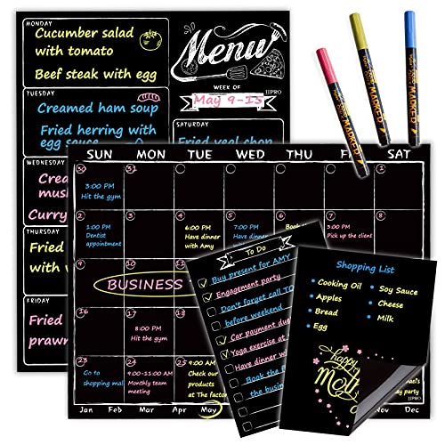 JJPRO Magnetic Chalkboard Monthly Calendar - Weekly Meal Planning Blackboard Combo Set with Neon Bright Liquid Chalk Markers - Bonus Grocery List and Notepad Blackboard for Refrigerator Included - Image 1