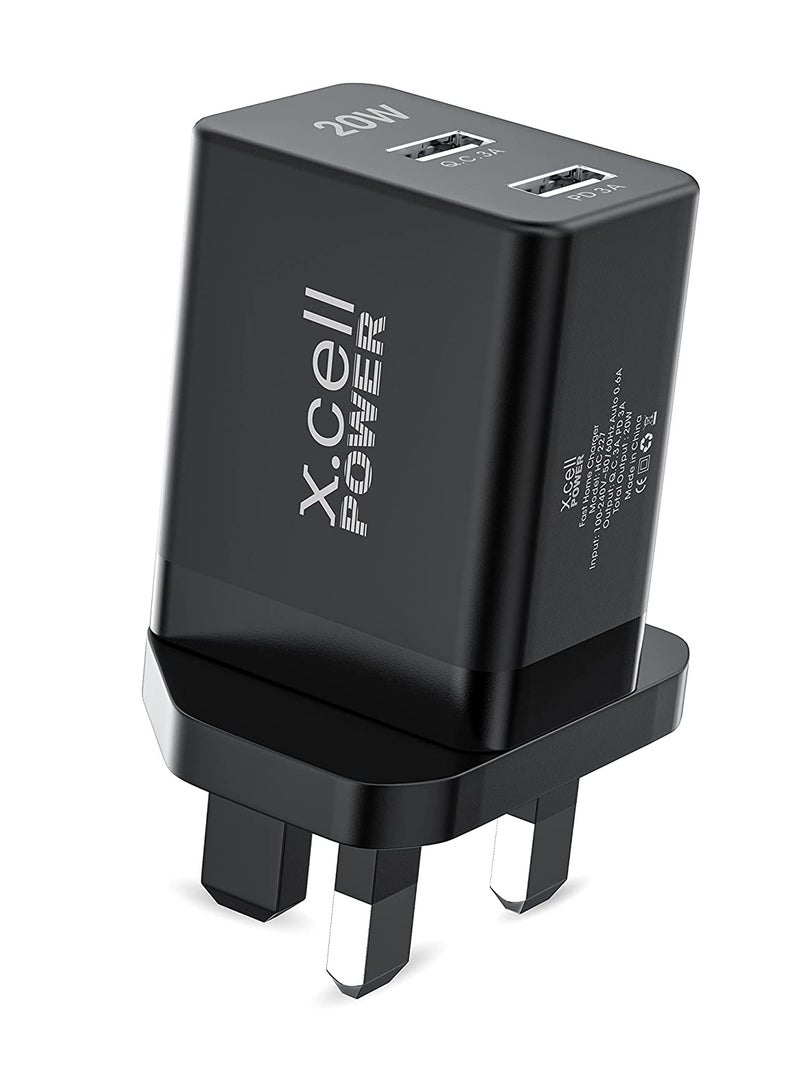Xcell Xcell Dual Port 20W Fast Charger | USB-A Quick Charge 3.0 + PD | Over-Charge Heat Protection | Universal Compatibility | Compact Travel Charger for iPhone, Samsung, Tablets – Black  - Image 2