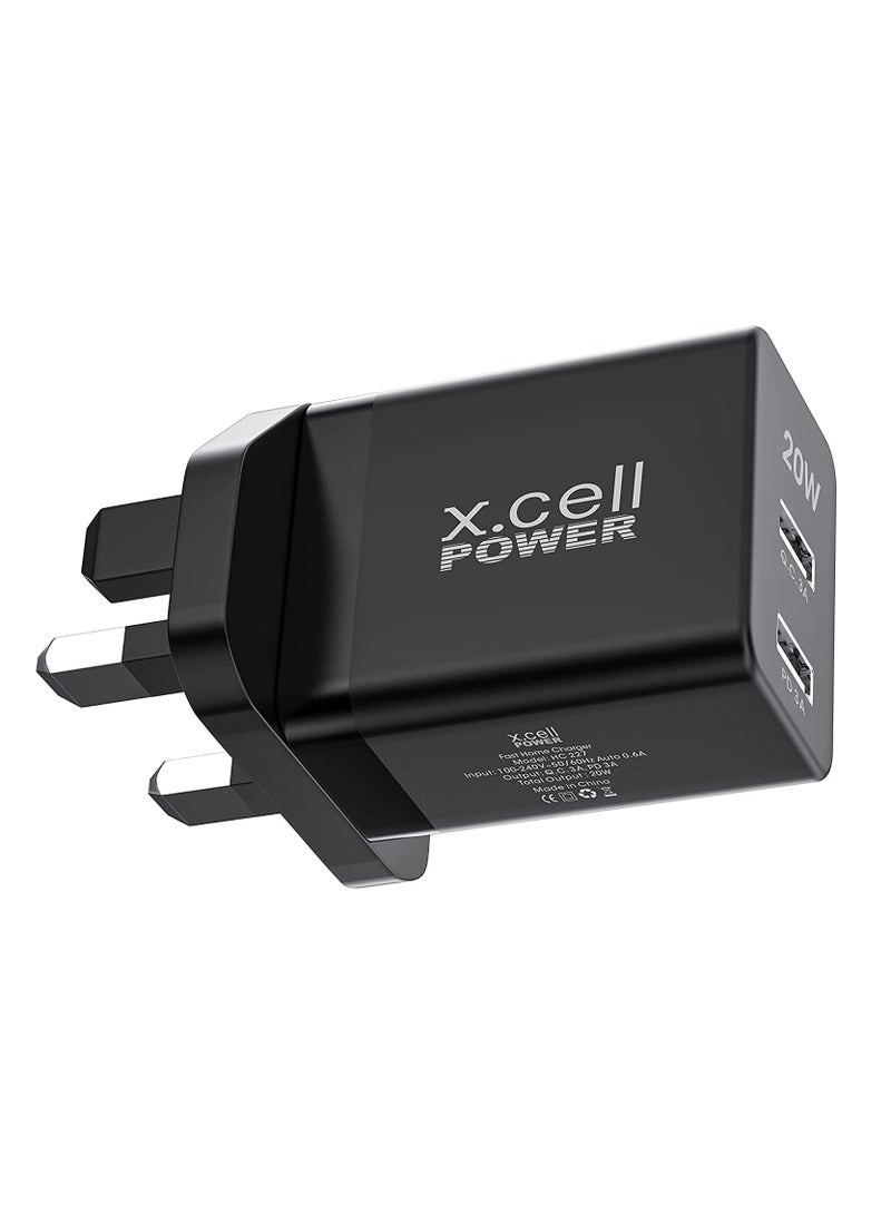 Xcell Xcell Dual Port 20W Fast Charger | USB-A Quick Charge 3.0 + PD | Over-Charge Heat Protection | Universal Compatibility | Compact Travel Charger for iPhone, Samsung, Tablets – Black  - Image 1