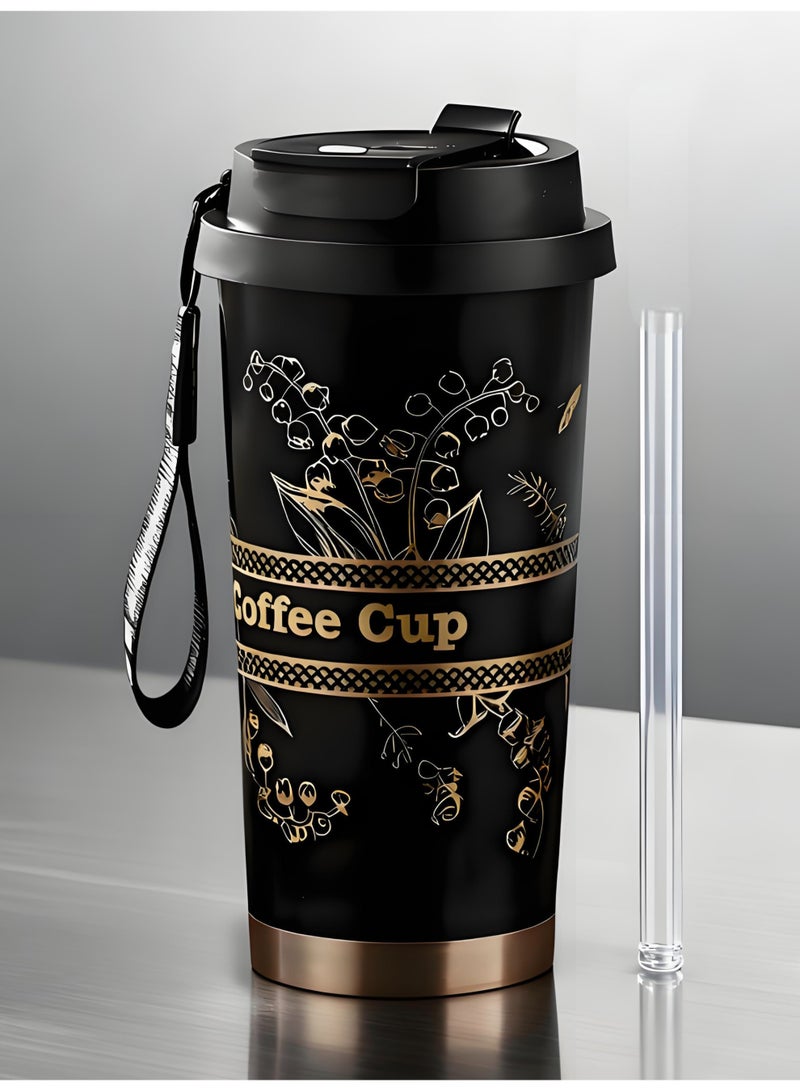 AHAKAC Coffee Mugs with Straw Vacuum Insulated Coffee Cups Tea Cup Travel Mug Leakproof Double Wall Stainless Steel Reusable Coffee Cup with Lid for Hot and Cold Drinks with Hanging Rope - Image 1