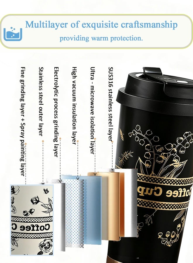 AHAKAC Coffee Mugs with Straw Vacuum Insulated Coffee Cups Tea Cup Travel Mug Leakproof Double Wall Stainless Steel Reusable Coffee Cup with Lid for Hot and Cold Drinks with Hanging Rope - Image 2