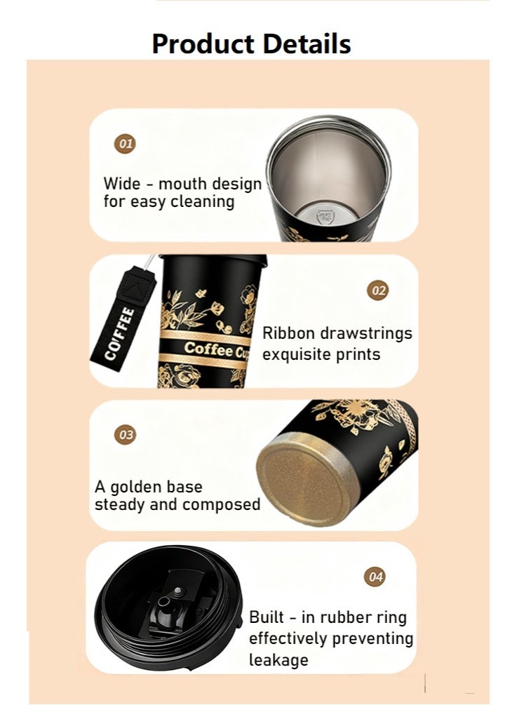 AHAKAC Coffee Mugs with Straw Vacuum Insulated Coffee Cups Tea Cup Travel Mug Leakproof Double Wall Stainless Steel Reusable Coffee Cup with Lid for Hot and Cold Drinks with Hanging Rope - Image 5