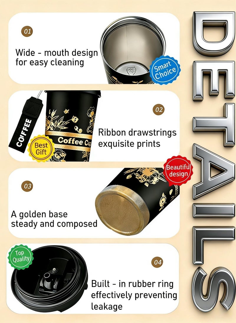 AHAKAC Coffee Mugs with Straw Vacuum Insulated Coffee Cups Tea Cup Travel Mug Leakproof Double Wall Stainless Steel Reusable Coffee Cup with Lid for Hot and Cold Drinks with Hanging Rope - Image 4