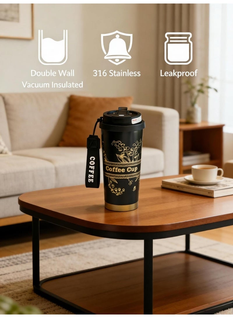 AHAKAC Coffee Mugs with Straw Vacuum Insulated Coffee Cups Tea Cup Travel Mug Leakproof Double Wall Stainless Steel Reusable Coffee Cup with Lid for Hot and Cold Drinks with Hanging Rope - Image 2