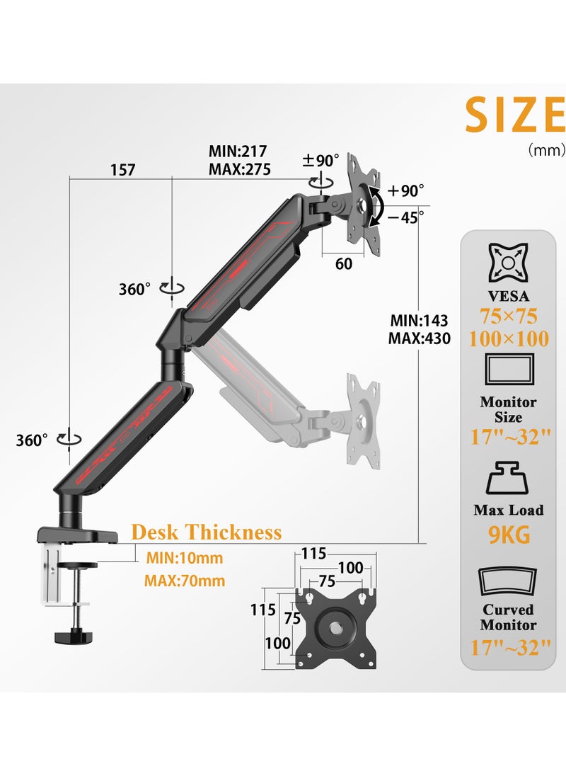 ETHU ETHU Single Monitor Arm, Adjustable Gas Spring Monitor Stand for 13-32 inch Monitor up to 9kg, Full Motion Computer Monitor Mount, LED/LCD Display Arm with VESA Pattern 75x75/100x100 Single Arm Black  - Image 2