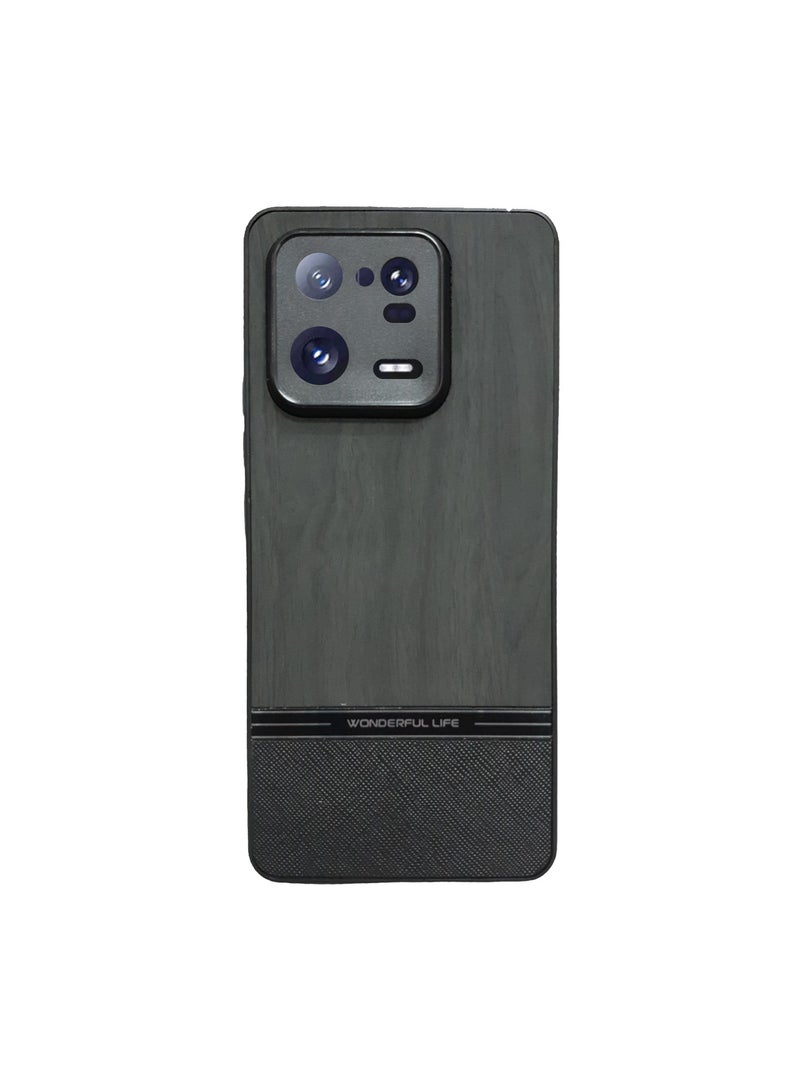 Elmo3ezz Shockproof Wood Grain Skin PU and TPU Shockproof Luxury Phone Case for Xiaomi 13 Pro (Black) - Image 1