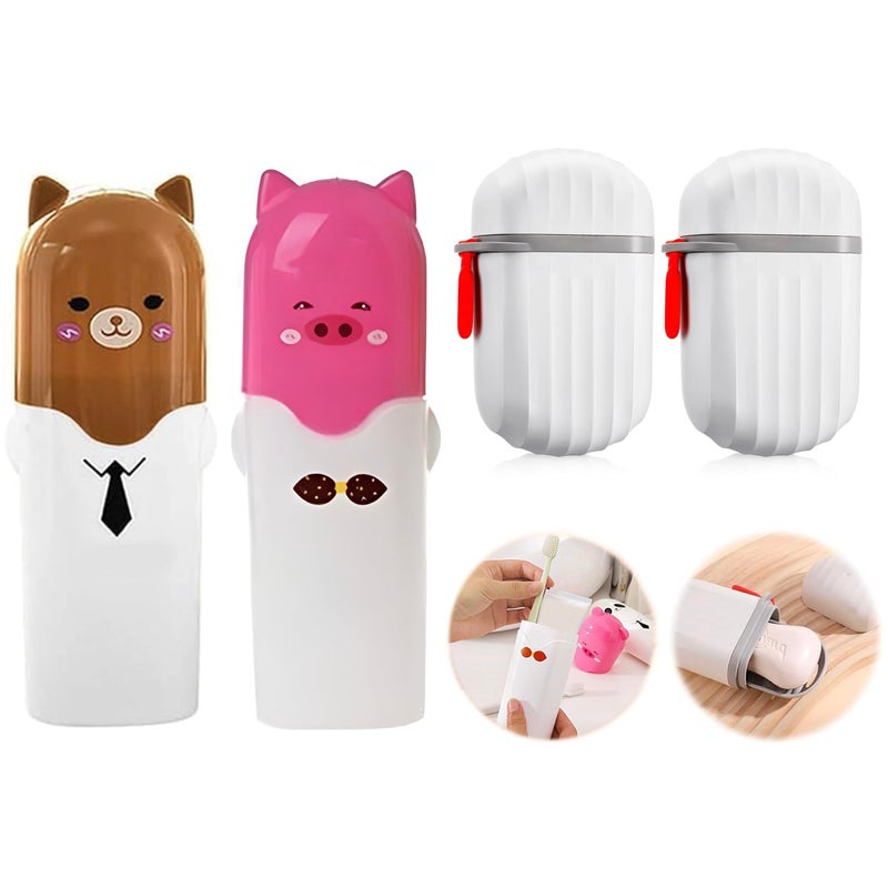 Aseenaa Combo Cute Cartoon Shape Plastic Portable Toothbrush Case Holder with Soap Case Holder for Bathroom Storage, Camping, Travel, Indoor & Outdoor | Set of 4, Multi - Image 1
