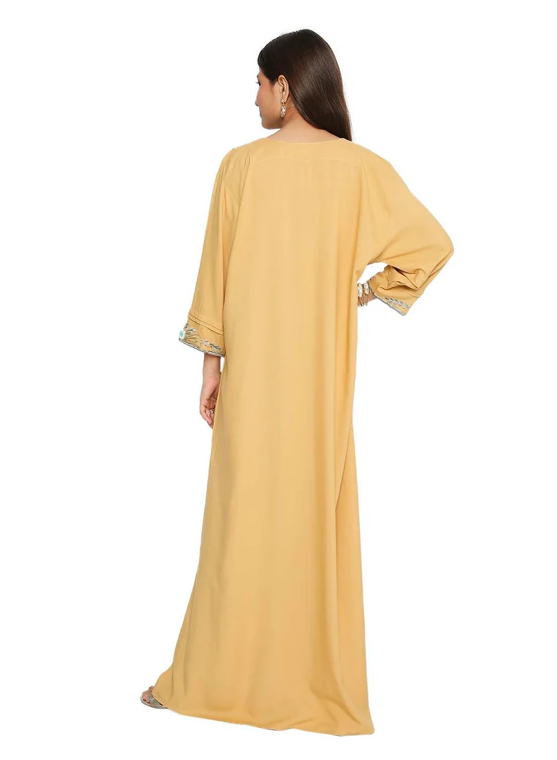 هانا آند سارا فستان قفطان بناتي بلون سادة بتصميم فراشة مع تطريز خيوط ملونة فريد