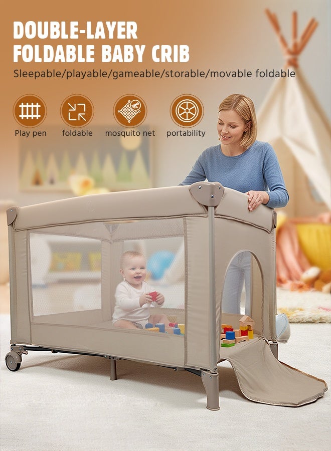 Soft Touch 2 In 1 Baby Crib, Portable Toddler Playard, Foldable Baby Cot Travel Crib, Featuring Breathable Mesh Sides, Nursery Center for Infant with Carry Bag (Beige) - Image 3