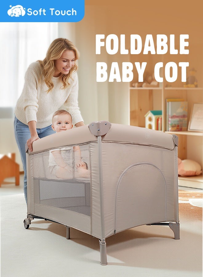 Soft Touch 2 In 1 Baby Crib, Portable Toddler Playard, Foldable Baby Cot Travel Crib, Featuring Breathable Mesh Sides, Nursery Center for Infant with Carry Bag (Beige) - Image 1