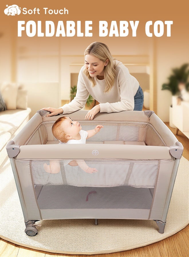 Soft Touch 2 In 1 Baby Crib, Portable Toddler Playard, Foldable Baby Cot Travel Crib, Featuring Breathable Mesh Sides, Nursery Center for Infant with Carry Bag (Beige) - Image 2