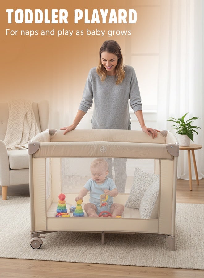 Soft Touch 2 In 1 Baby Crib, Portable Toddler Playard, Foldable Baby Cot Travel Crib, Featuring Breathable Mesh Sides, Nursery Center for Infant with Carry Bag (Beige) - Image 5