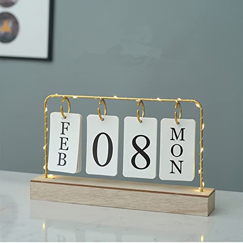 AUSTUFF Flip Wooden Perpetual Calendar Gold Metal Stand with Paper Monthly Daily Calendar with Light For Daily Office Home Decor Reusable Office Accessory - Image 1