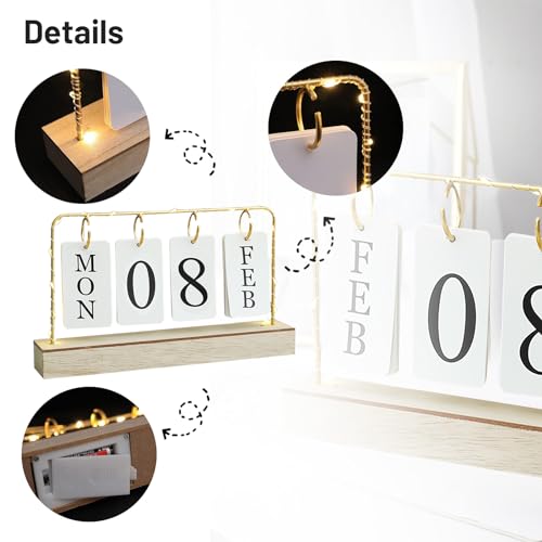 AUSTUFF Flip Wooden Perpetual Calendar Gold Metal Stand with Paper Monthly Daily Calendar with Light For Daily Office Home Decor Reusable Office Accessory - Image 5
