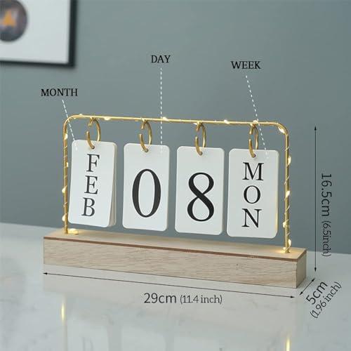 AUSTUFF Flip Wooden Perpetual Calendar Gold Metal Stand with Paper Monthly Daily Calendar with Light For Daily Office Home Decor Reusable Office Accessory - Image 2