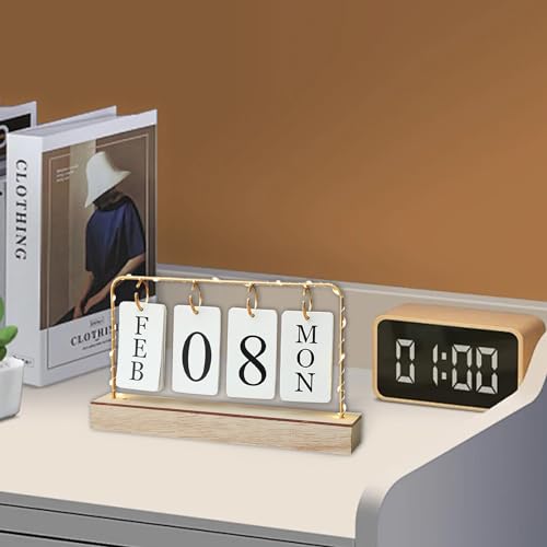 AUSTUFF Flip Wooden Perpetual Calendar Gold Metal Stand with Paper Monthly Daily Calendar with Light For Daily Office Home Decor Reusable Office Accessory - Image 4