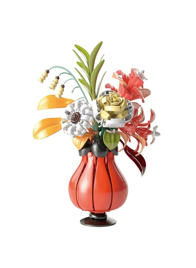 ACYYH Building Blocks Flower Bouquet Set, Toy with Red Vase, Creative Building Kit for Kids, 32.5cm Height, Develops Hand-eye Coordination and Logical Thinking - Image 1