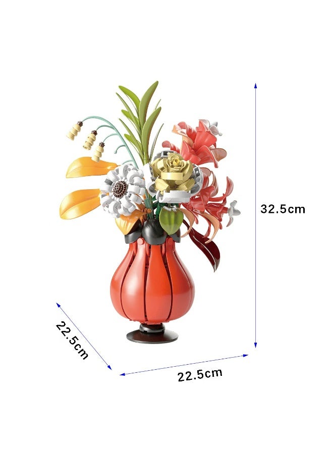 ACYYH Building Blocks Flower Bouquet Set, Toy with Red Vase, Creative Building Kit for Kids, 32.5cm Height, Develops Hand-eye Coordination and Logical Thinking - Image 2