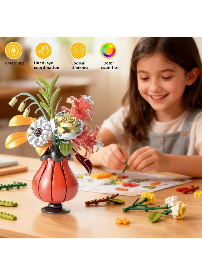 ACYYH Building Blocks Flower Bouquet Set, Toy with Red Vase, Creative Building Kit for Kids, 32.5cm Height, Develops Hand-eye Coordination and Logical Thinking - Image 3