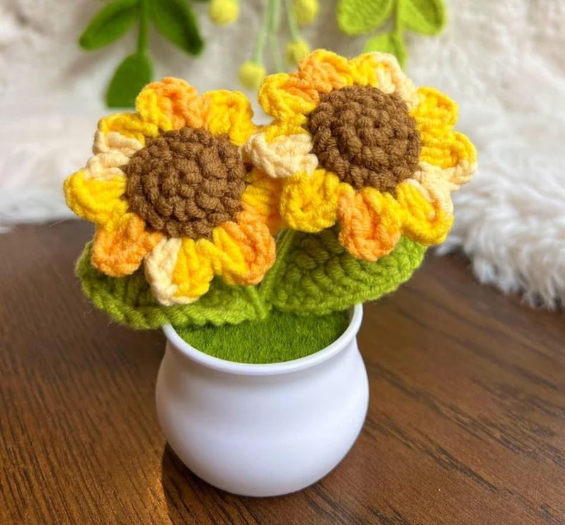 VRB Dec TM 1 Pcs Artificial Sunflower Flower Crochet for Office Car Dashboard Home Decoration Festival Office Bedroom Christmas Decoration (Yellow Double Sunflower with Pot) - Image 1