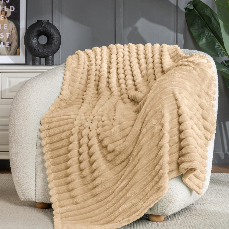 Jungle Star Wider Striped 380gsm Thick Khaki Throw Blanket for Couch Super Soft Cozy Blankets for Women Fuzzy Fleece White Blanket for Bed Sofa 50x60 - Image 4
