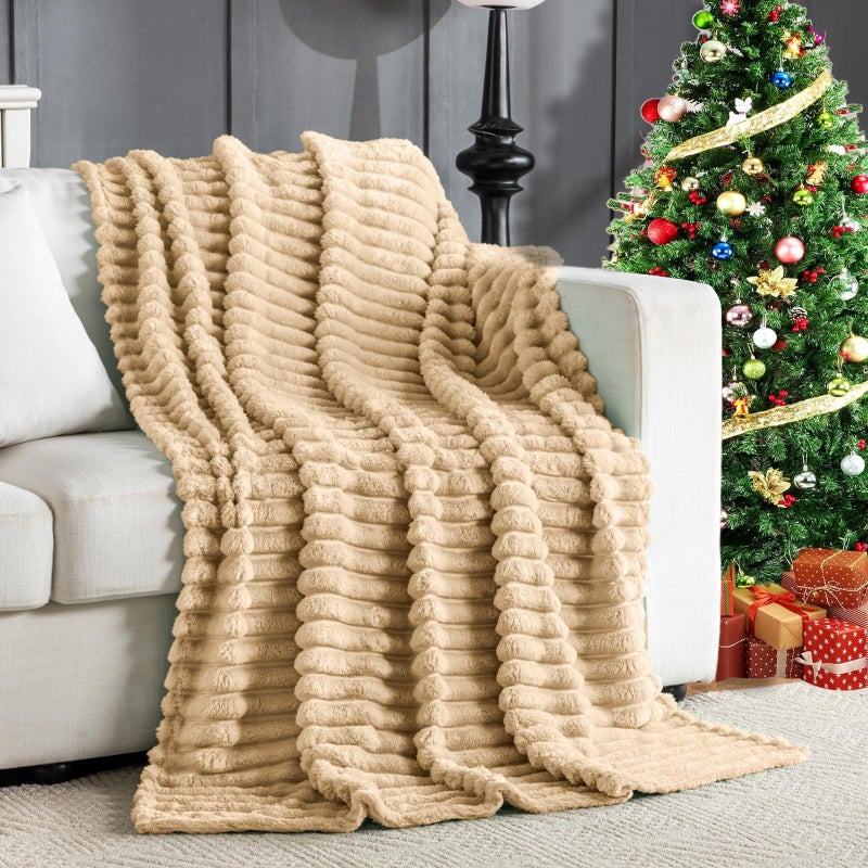 Jungle Star Wider Striped 380gsm Thick Khaki Throw Blanket for Couch Super Soft Cozy Blankets for Women Fuzzy Fleece White Blanket for Bed Sofa 50x60 - Image 1