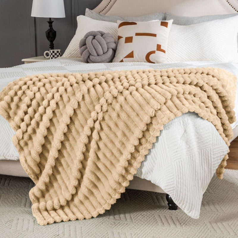 Jungle Star Wider Striped 380gsm Thick Khaki Throw Blanket for Couch Super Soft Cozy Blankets for Women Fuzzy Fleece White Blanket for Bed Sofa 50x60 - Image 2