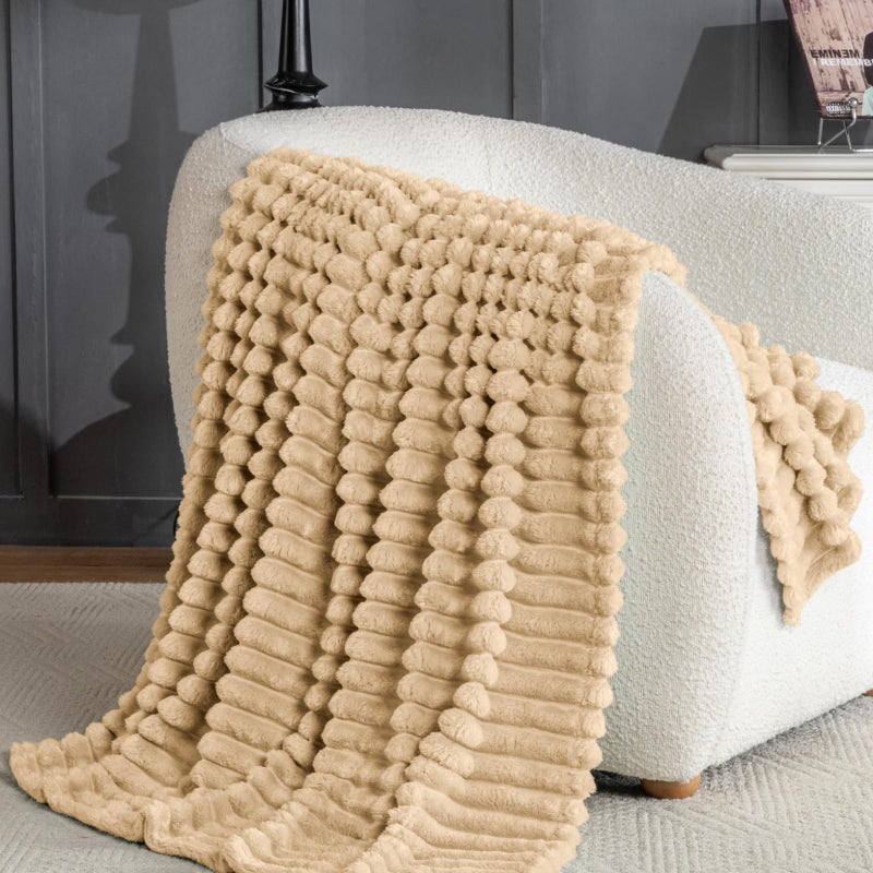 Jungle Star Wider Striped 380gsm Thick Khaki Throw Blanket for Couch Super Soft Cozy Blankets for Women Fuzzy Fleece White Blanket for Bed Sofa 50x60 - Image 3