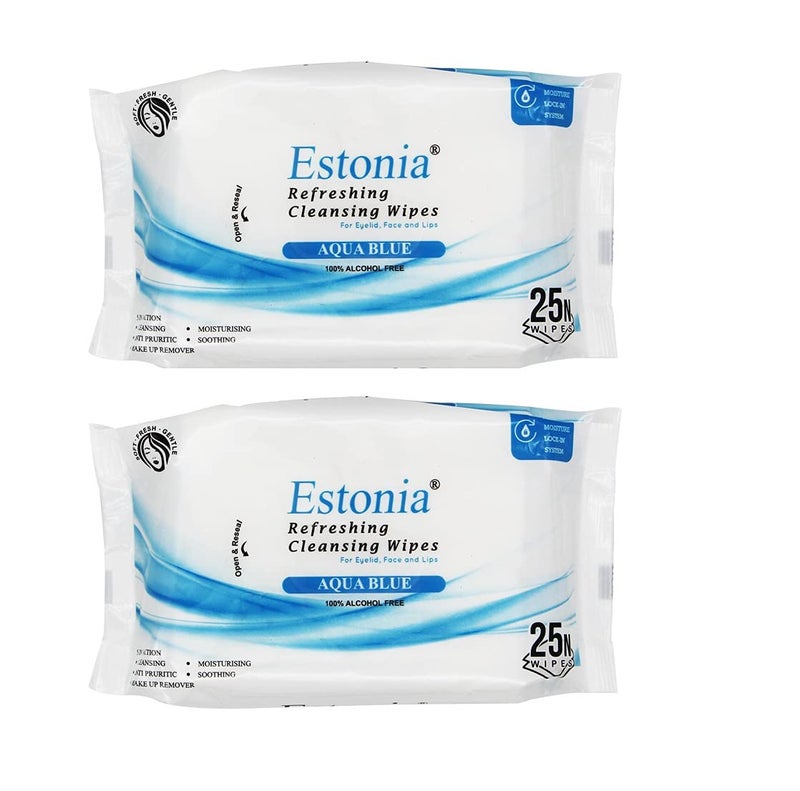 Estonia Refreshing Cleansing Wipes For Eyelid, Face and Lips, 100% Alcohol Free II 25pcs Per Pack (Pack of 2) (Aqua Blue) - Image 1