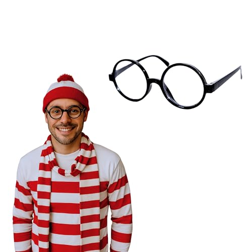 Goodscious Wheres Waldo Costume Round Glasses for Men & Women - Fake Nerd Glasses Novelty Costume - Black Circle Cosplay Round Eyeglasses Disguise for Harry Potter, Minion, Scientist Character Outfit Accessory - Image 1