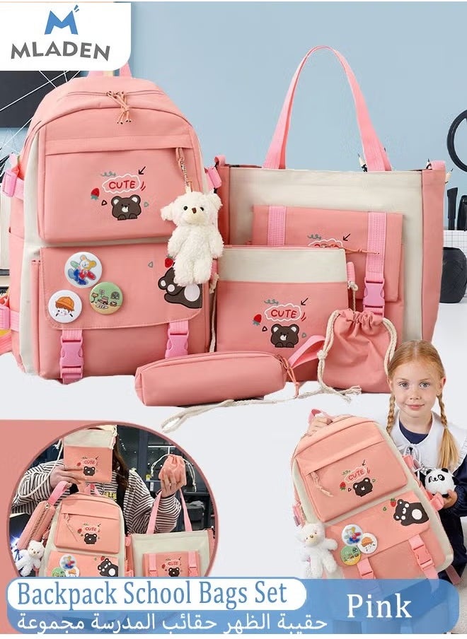 MLADEN 5 Pcs adult Backpack School Bags Set Backpacks with Pendant Lunch Bag Pencil Case Handbag Coin Purse for Teen Girls School Backpack  - Image 1