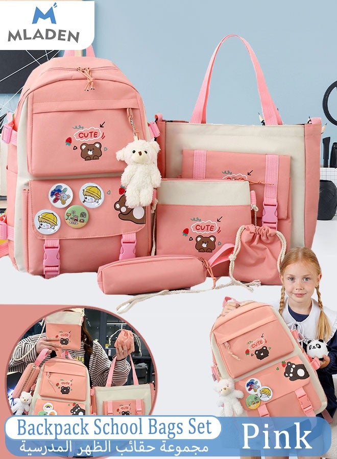MLADEN 5 Pcs adult Backpack School Bags Set Backpacks with Pendant Lunch Bag Pencil Case Handbag Coin Purse for Teen Girls School Backpack - Image 1