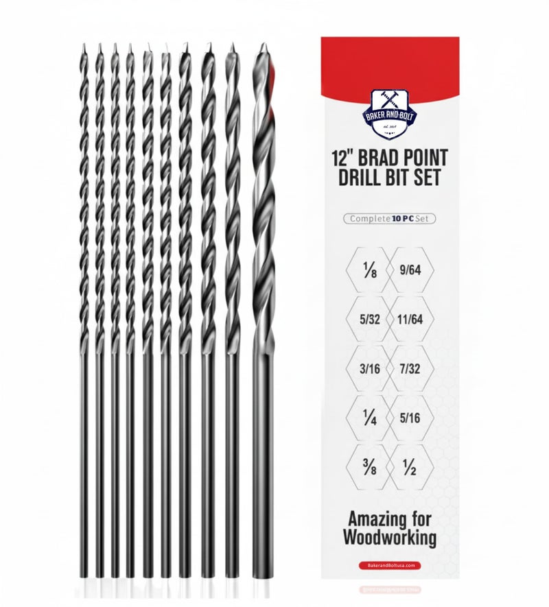 Baker and Bolt Extra Long 12" Brad Point Drill Bit Set for Wood High-Speed Steel Wood Drill Bits Set Titanium Coated Pack of 10 with Storage Sleeve (10 Pcs Brad Point 12" Long 1/8"-1/2") - Image 1