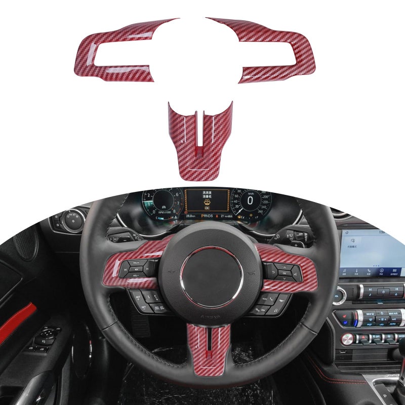Naisec for Ford Mustang Interior Accessories 20152023 Steering Wheel Cover Trim Red Carbon Fiber Grain