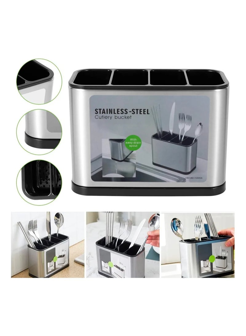 Kitchen Spoon and Fork Organizer and Strainer Stainless Steel - Kitchen Utensil Holder and Countertop Organizer Stainless Steel 4 Sections for Spoon, Fork and Spatula - Large Capacity Stainless Steel with Divider and Weighted Base to Prevent Tipping, Suitable for All Kitchens on Table or Counter - Kitchen Spoon and Fork Organizer - Kitchen Utensil Organizer, Suitable for Spoons, Forks, Knives - Cutlery Strainer, Cutlery and Kitchen Utensil Holder - Image 1