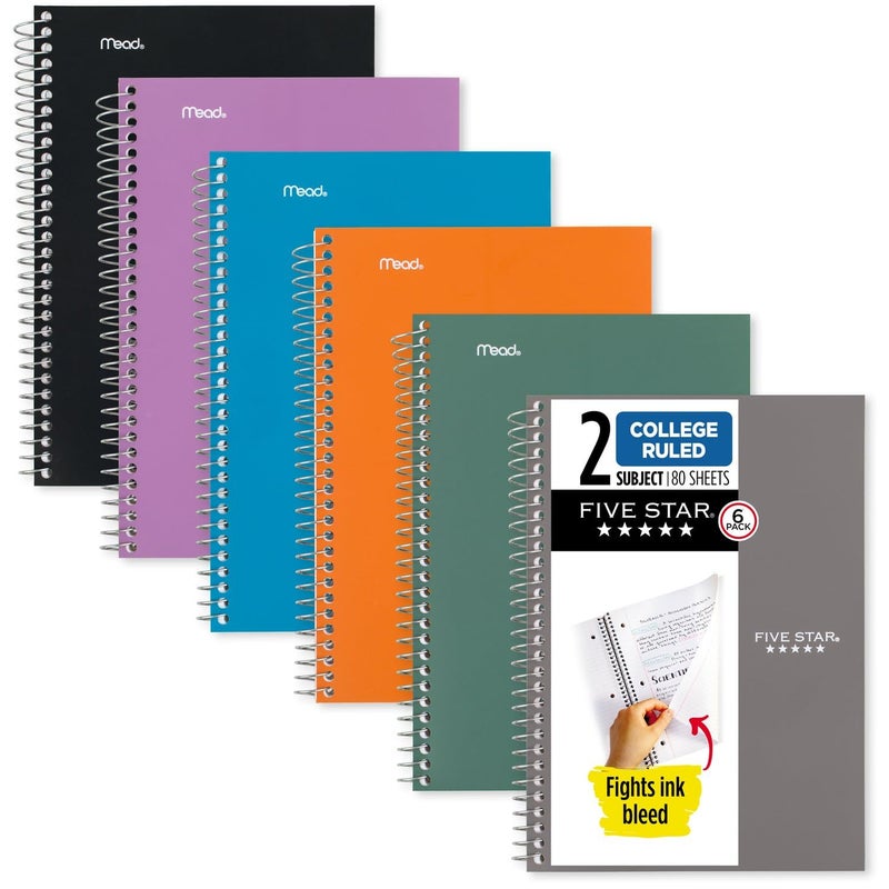 Five Star Spiral Notebooks, 6 Pack, 2 Subject, College Ruled, 9 1/2" x 6", 80 Sheets, Amethyst Purple, Sedona Orange, Seaglass Green, Tidewater Blue, Gray and Black (840029A-ECM) - Image 1