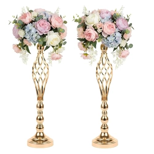 LANLONG 2pcs Metal Gold Candle Holders Road Lead Table Centerpiece Stand Pillar Candlestick for Wedding Candelabra Flowers Vases - Image 1